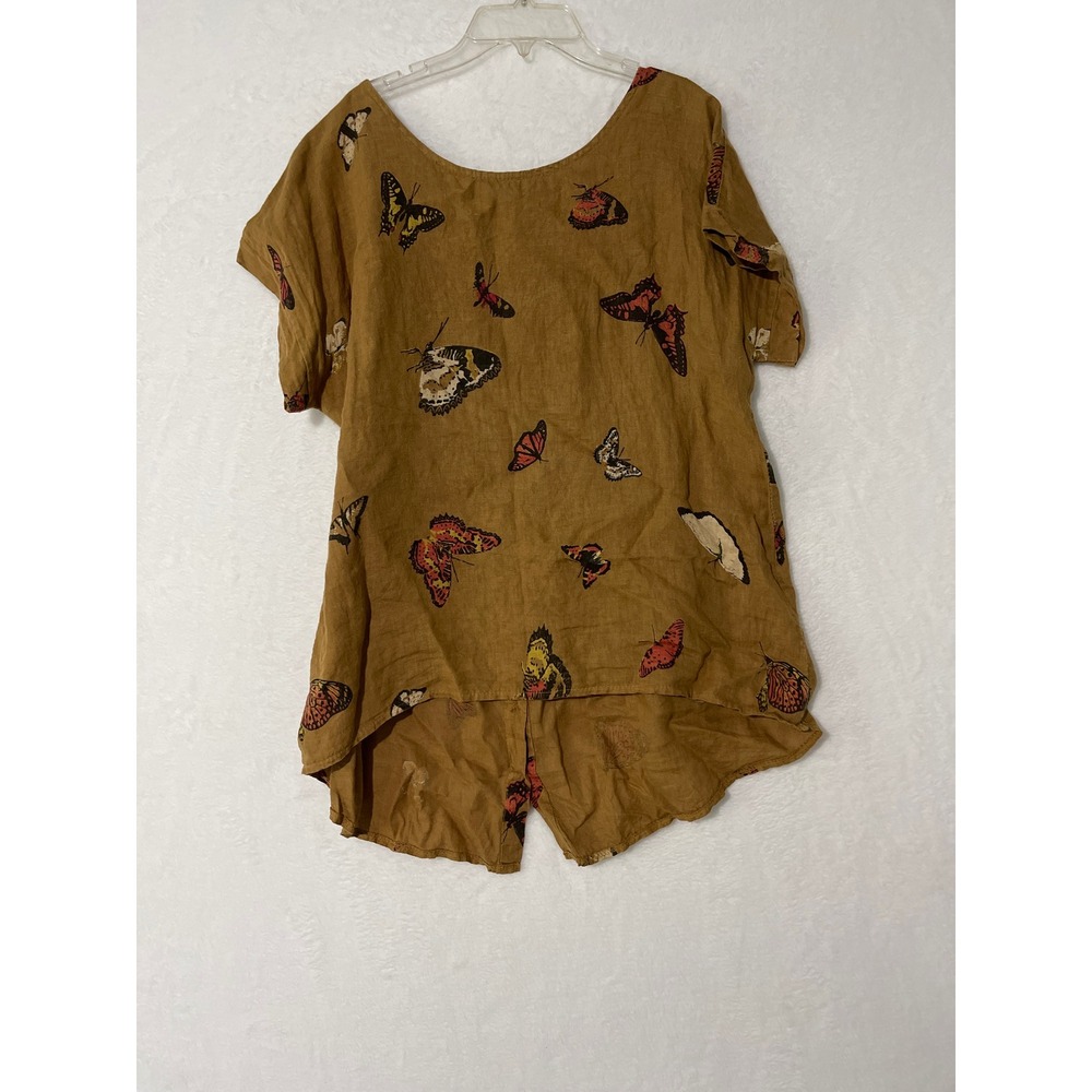 Terzo Millennio Italy 100% Linen Butterfly Print Back Button Blouse Mustard Med
